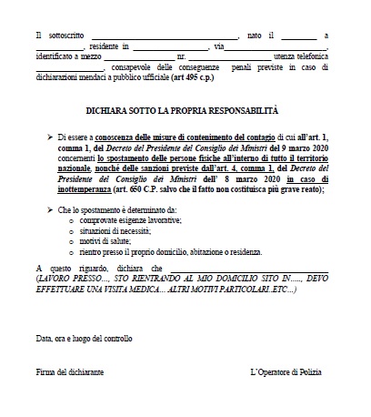 Modulo di autodichiarazione per gli spostamenti